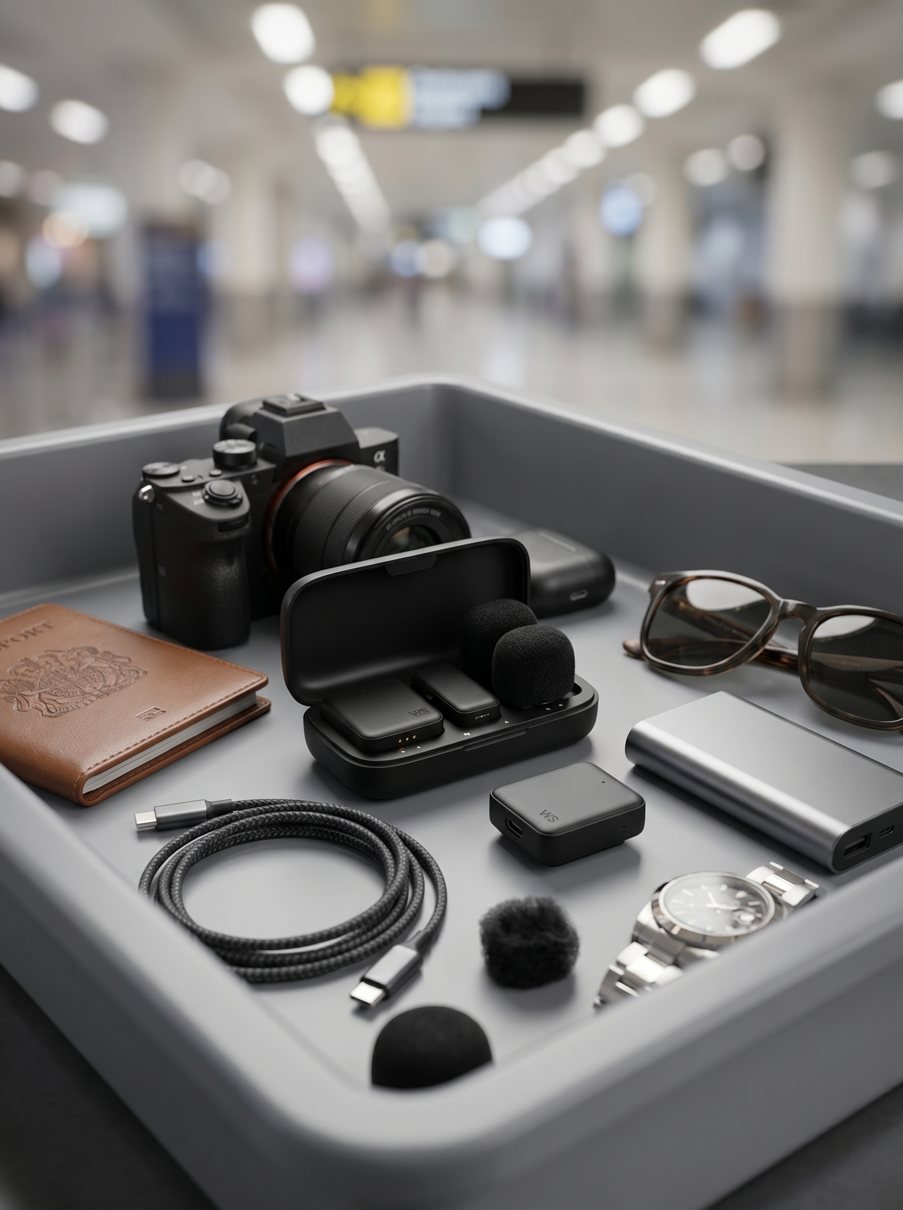 Mic in airport security checkin tray